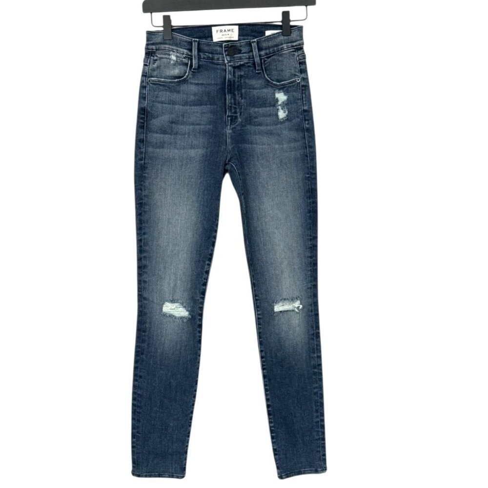 Frame Le High Skinny Jeans In Magellan Dark Blue Wash Ankle Distressed Size 26